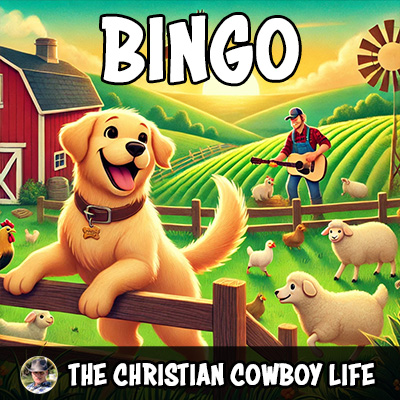 A joyful farm dog named Bingo running through green fields, surrounded by sunshine and playful farm animals.