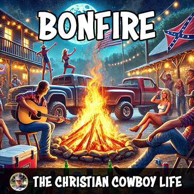 A lively southern bonfire scene with trucks, guitars, and friends gathered around the fire, representing the upbeat country anthem “Bonfire” by The Christian Cowboy Life.
