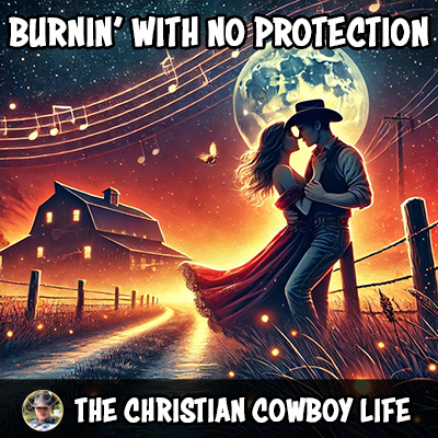 A romantic country-themed image of a cowboy and his love under moonlight, symbolizing fiery passion.