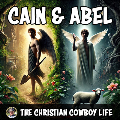 Illustration of two brothers standing in a garden, representing Cain & Abel, with dramatic lighting reflecting tension and storytelling.
