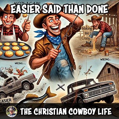 Illustration of a cowboy juggling farm mishaps—biscuits, a bull, and a busted truck—capturing the song’s humorous, gritty country vibe.