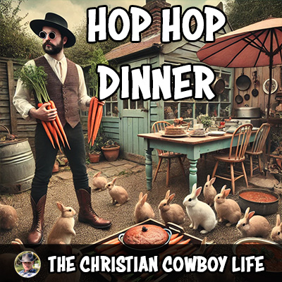 A rustic farmhouse scene with a cowboy holding carrots as bunnies hop around, reflecting the playful theme of the song.