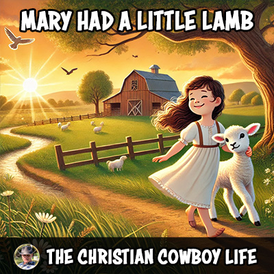 Mary walking through golden fields with her little white lamb, under a clear blue sky.