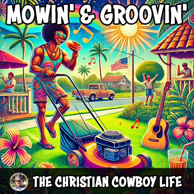 A sunny Florida lawn scene with a cowboy mowing grass, smiling and grooving to music.