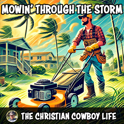 A cheerful cowboy mowing a Florida yard after a storm, sun shining, spreading positivity.