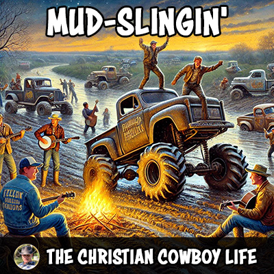 A lively scene of trucks splashing through mud with friends cheering, capturing the fun energy of the song.