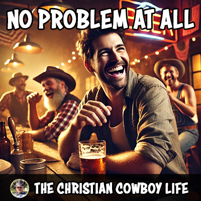 A cowboy laughing with a beer in hand at a lively country bar, reflecting the song's playful vibe.