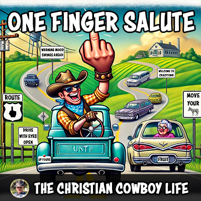 A humorous country-inspired image featuring a cowboy on the road, playfully highlighting the theme of road rage and laughter in “One Finger Salute.”