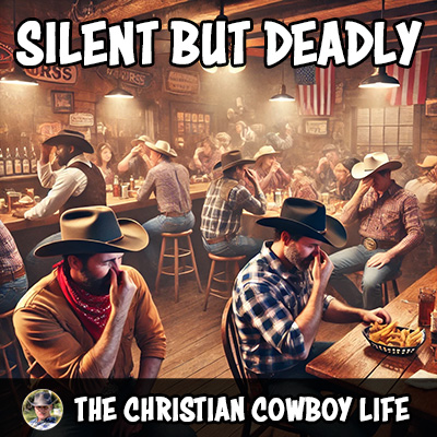 A playful country saloon scene with cowboys and friends laughing, symbolizing the humorous theme of the song.