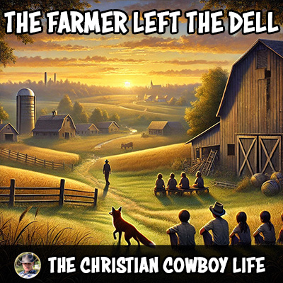 A quiet, empty farm at sunset with closed barn doors and fields lying fallow, reflecting the song’s nostalgic theme.