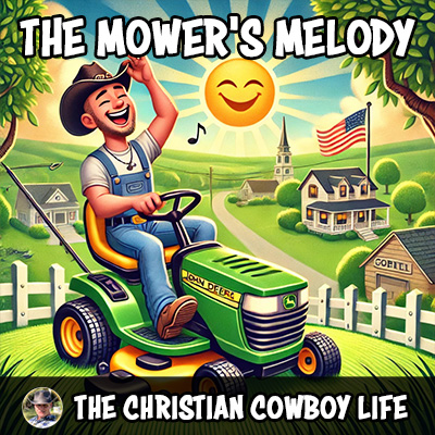 A cowboy on a John Deere mower cutting grass under the Florida sun, surrounded by a small-town neighborhood.