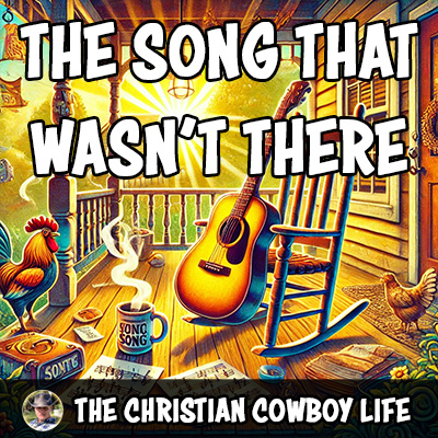 A playful country scene of a cowboy sitting on a porch with a guitar, looking at the sky, lost in thought.