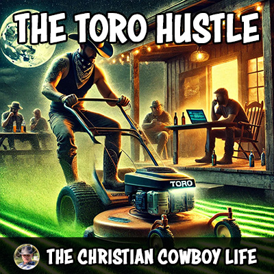 A rugged country rapper with a mower in a sunlit yard, laptop and audio gear nearby, blending outdoor labor and music creation.