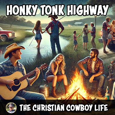 A country boy with banjo in hand under neon lights, capturing the southern honky-tonk spirit.