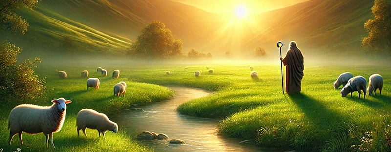 Illustration of God as a shepherd caring for His sheep, symbolizing divine guidance, provision, and protection.