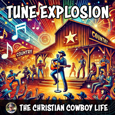 A cowboy strumming a guitar under a sunset sky, symbolizing dreams, music, and joy exploding around him.