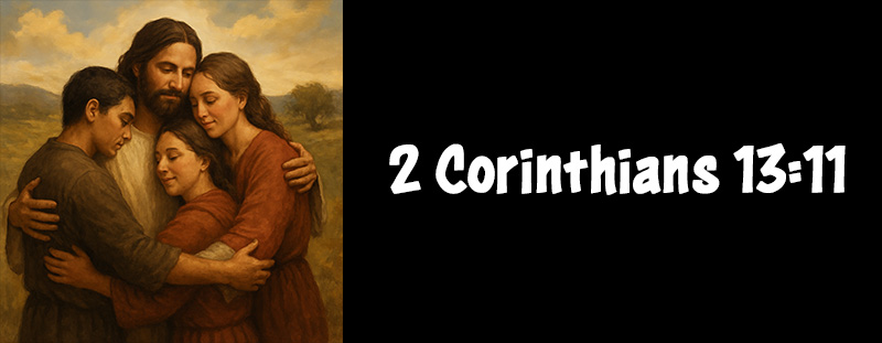 This image represents 2 Corinthians 13:11 and has an overlay that reads: “Finally, brethren, farewell. Be perfect, be of good comfort, be of one mind, live in peace; and the God of love and peace shall be with you.” — 2 Corinthians 13:11