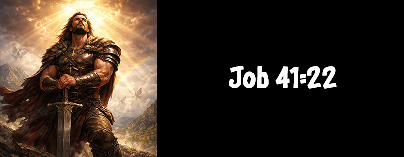 This image represents Job 41:22 and has an overlay that reads: “In his neck remaineth strength, and sorrow is turned into joy before him.” – Job 41:22