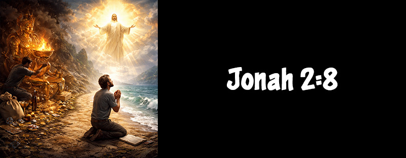 Jonah 2:8 KJV scripture overlay emphasizing turning away from vain things and trusting God’s mercy.