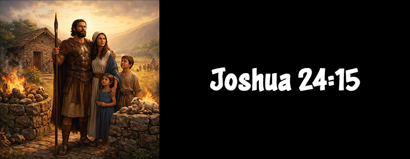 Joshua 24:15 displayed with a bold message encouraging commitment to God and serving the LORD in home and life.