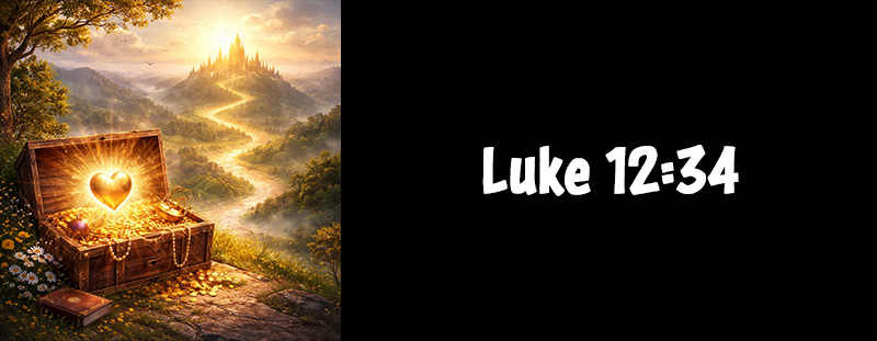 LUKE 12:34 – “For where your treasure is, there will your heart be also.” Overlay text for motivational Bible verse image.