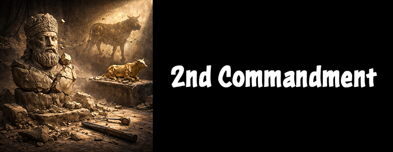 Cracked stone idol and shattered golden calf representing false worship.