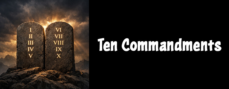 Two weathered stone tablets engraved with Roman numerals I–X, glowing faintly, standing on a mountaintop with golden light breaking through dark storm clouds.