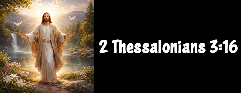 Bible verse 2 Thessalonians 3:16 displayed with scripture text emphasizing peace from the Lord.