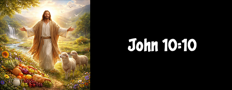 John 10:10 KJV overlayed on an inspirational cowboy-themed background. Scripture emphasizes Christ’s promise of abundant life.
