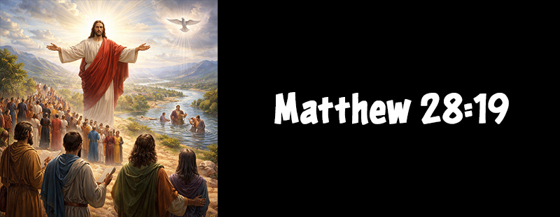 An inspirational Bible verse from Matthew 28:19 emphasizing the Great Commission to go, teach, and baptize in the name of the Father, Son, and Holy Spirit.