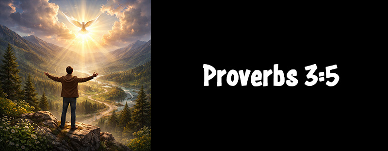 Inspirational Bible verse Proverbs 3:5 emphasizing trusting in the Lord with all your heart and not relying on your own understanding.