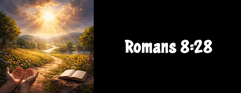 Romans 8:28 displayed with bold lettering, emphasizing God’s promise to work all things for good for those who love Him.