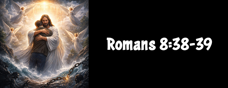 Romans 8:38-39 KJV Bible verse text emphasizing the unbreakable love of God through Jesus Christ.