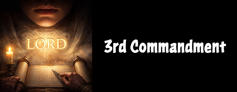 A glowing stone tablet engraved with the word “LORD,” a scroll held reverently by hands, and a softly lit candle, symbolizing respect for God’s name and sacred speech.