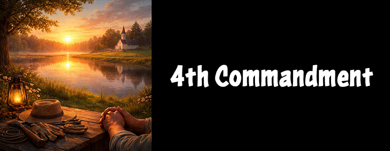 A serene sunrise over a calm pasture with work tools set aside and hands resting, reflecting a peaceful Sabbath and the call to rest and holiness.