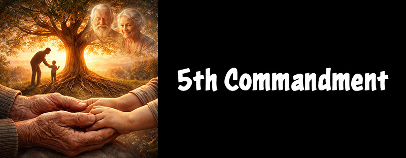 Older weathered hands holding younger hands under a grand tree, with a father teaching a child and grandparents’ faces subtly in the background, symbolizing respect, legacy, and family continuity.