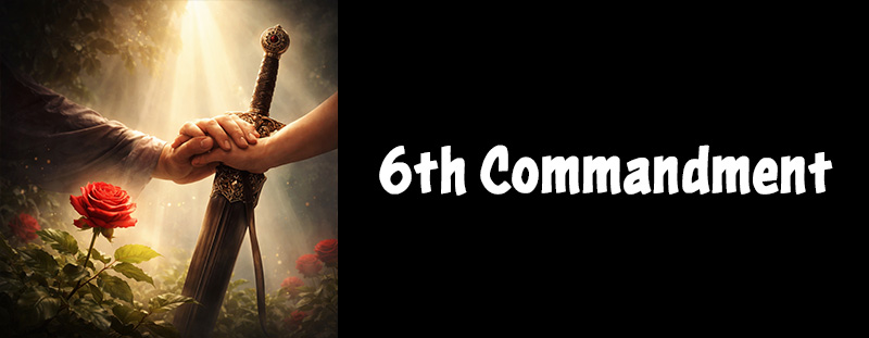 Two hands holding a sheathed sword with a blooming red rose nearby, symbolizing the sanctity of life and choosing peace over violence.