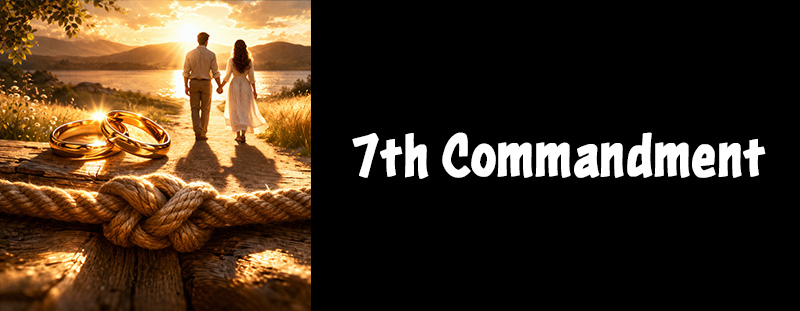 Wedding rings glowing in warm light, symbolizing the covenant of faithfulness, with a tied knot and two shadows walking together.