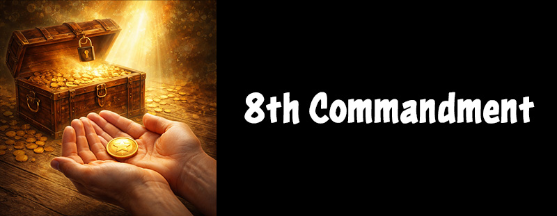 A pair of open hands gently holding a glowing gold coin, with a wooden treasure chest filled with coins in the background, bathed in warm, radiant light.