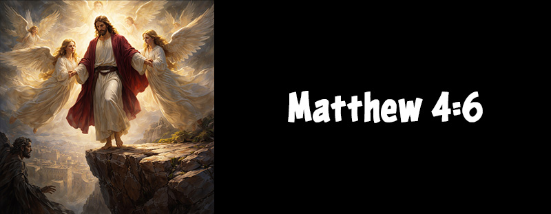 Artwork featuring Matthew 4:6 KJV labeled with scripture text emphasizing angelic protection and temptation in the wilderness.