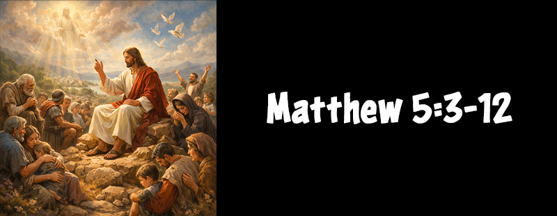 Matthew 5:3‑12 from the Beatitudes in KJV, highlighting Jesus’ promises of blessing for the humble, meek, merciful, and righteous.