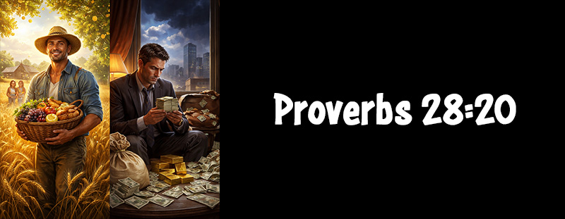 A Bible verse design highlighting Proverbs 28:20 emphasizing faithfulness, patience, and avoiding the pursuit of quick wealth.