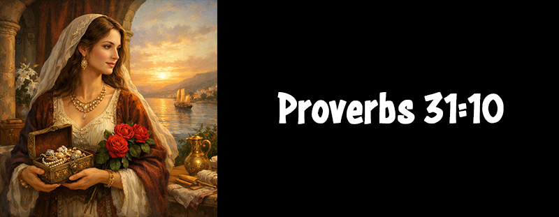 Proverbs 31:10 emphasizes the value of a virtuous woman whose character and godly actions are worth more than rubies.