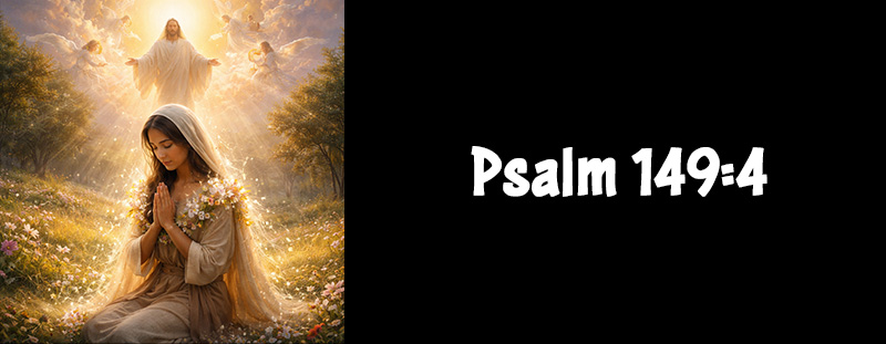 Image labeled Psalm 149:4 highlighting God’s pleasure in His people and His promise to beautify the meek with salvation.