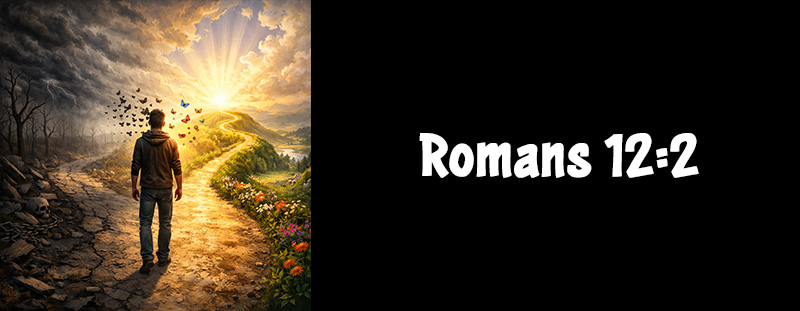 Romans 12:2 KJV displayed prominently with emphasis on transformation through the renewing of the mind.