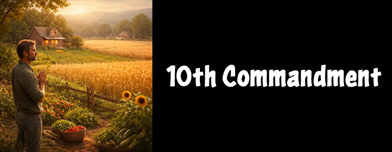 A content man stands in his lush garden with hands folded in gratitude, surrounded by sunflowers, tomatoes, and zucchini, while a cozy farmhouse glows warmly behind him and a golden wheat field stretches into the distance.